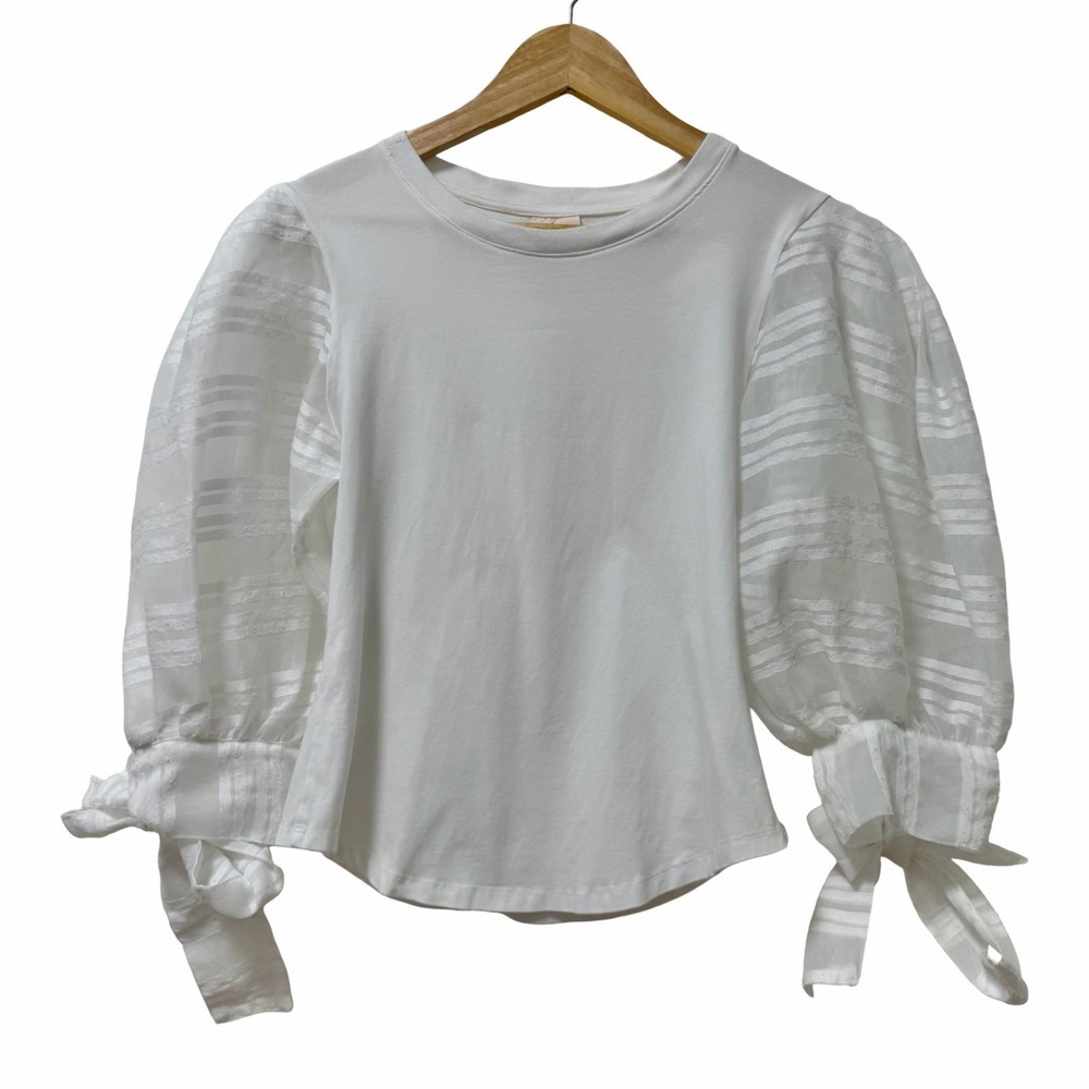 Cinq a Sept Carlie Tie Sheer Puff Sleeve Blouse Top Size M White Capsule Minimal